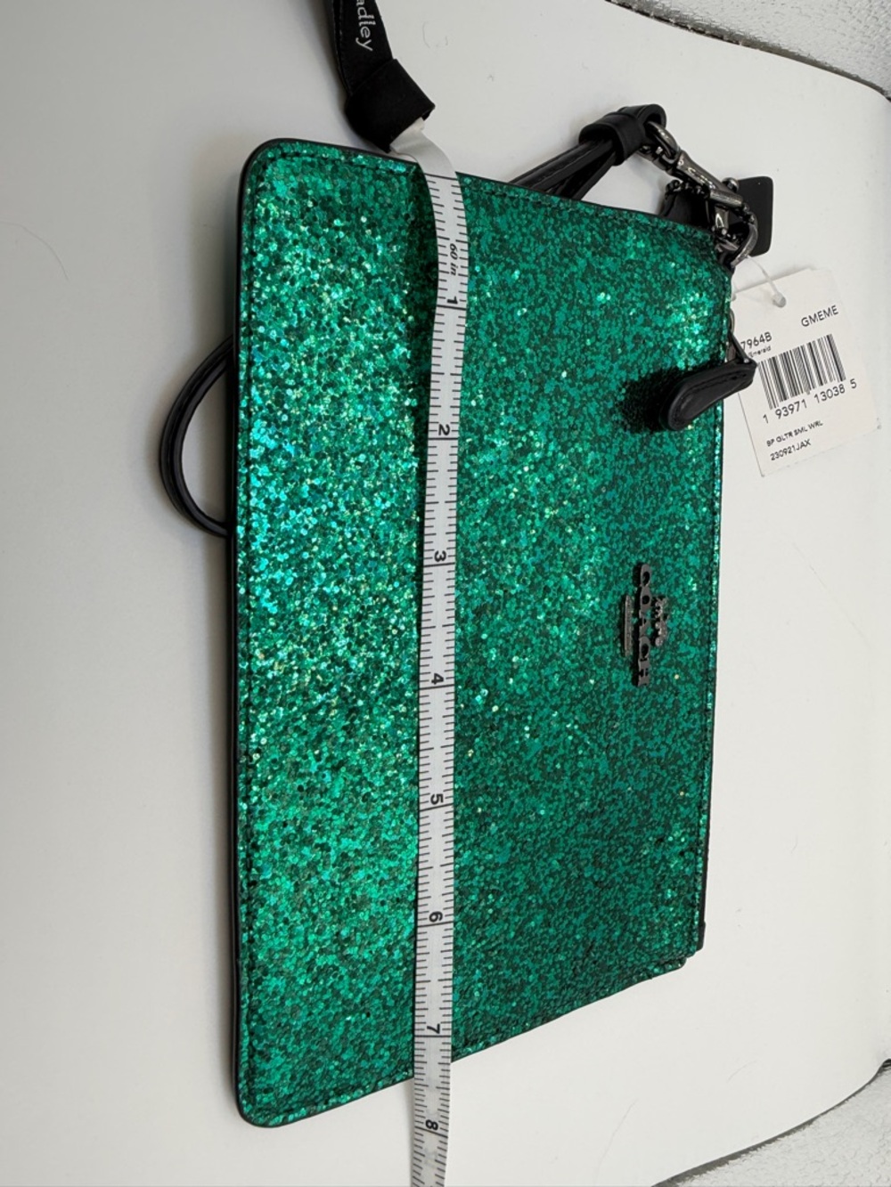 Coach Large Wristlet Emerald Green Glitter Zip Pouch NWT 77964B Statement Piece - Picture 8 of 11